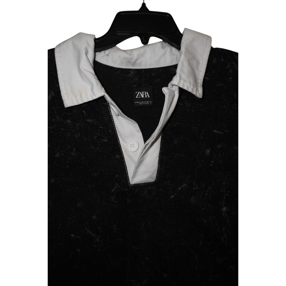 Zara Acid Wash Rugby Polo Shirt Men's XL Oversized Streetwear Goth Grunge Black - Picture 6 of 7